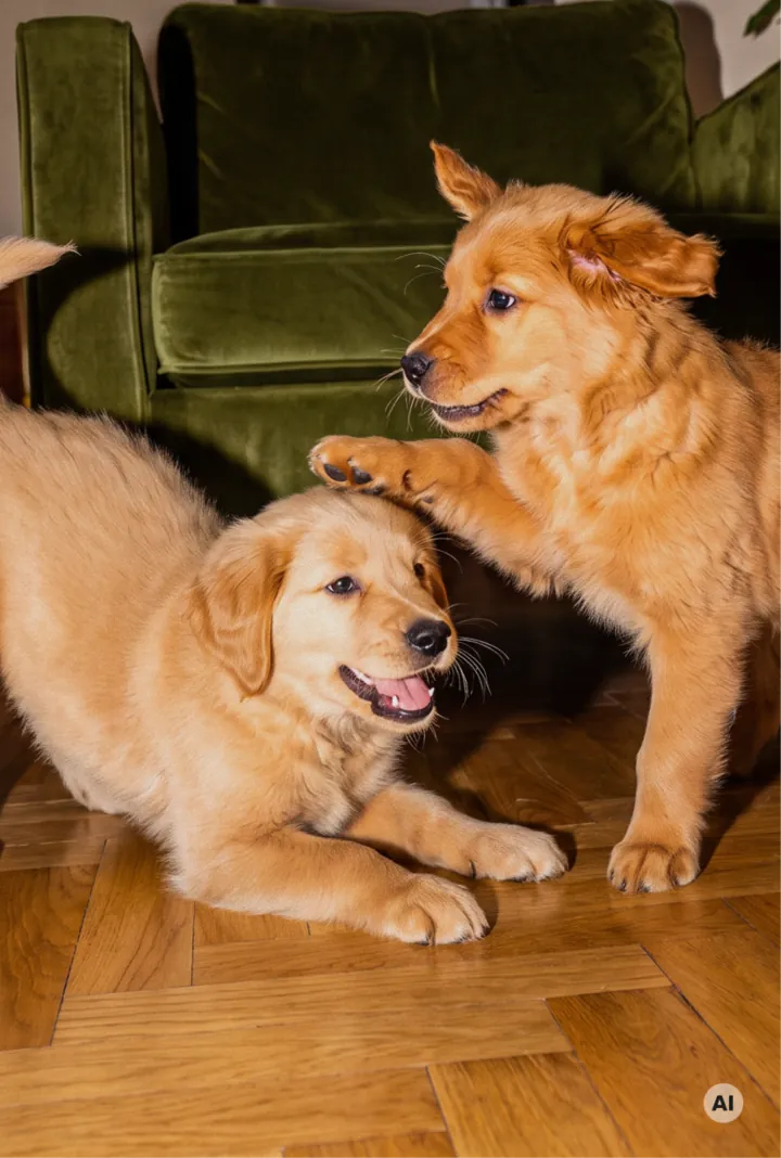 Dwa szczeniaki golden retrievera bawią się na drewnianej podłodze przy zielonej aksamitnej sofie.