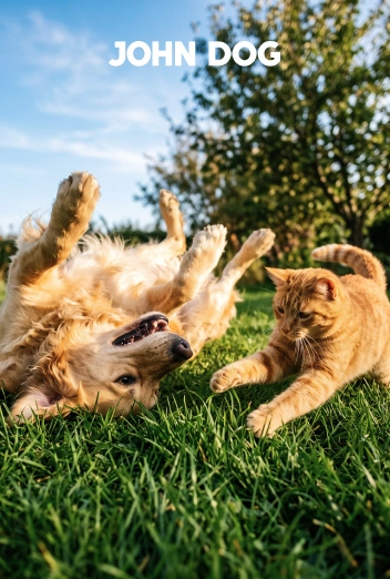 Golden retriever baraszkuje na trawie, leżąc na grzbiecie, a obok bawi się z nim rudy kot w słoneczny dzień. U góry białe logo JOHN DOG.