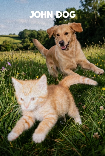 Kot i pies gonią się po trawiastej łące. Na pierwszym planie jest młody, rudy kociak, a za nim dorosły pies rasy golden retriever. Nad nimi jest białe logo JOHN DOG.