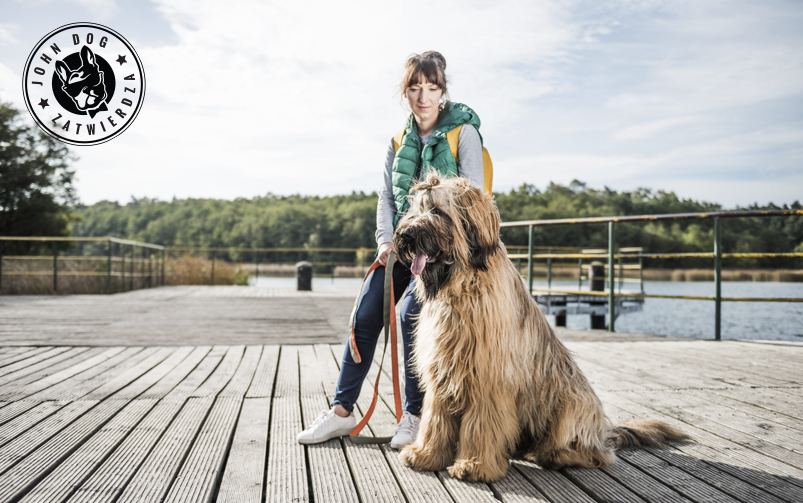 Pies rasy briard nad jeziorem ze swoją opiekunką