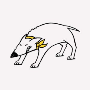 Rysunek psa agresywnego w żółtej obroży.