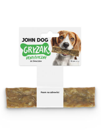 Gryzak dentystyczny z żwaczem dla psa – widok od przodu. Na środku gryzaka znajduje się biała owijka, do której przymocowana jest biała etykieta z zielonym napisem. Po prawej na etykiecie jest pies rasy beagle, który trzyma gryzak w zębach.