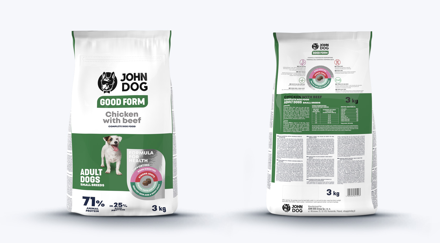 Przód i tył opakowania karmy suchej dla psów dorosłych ras małych, kurczak z wołowiną 3 kg John Dog Good Form.