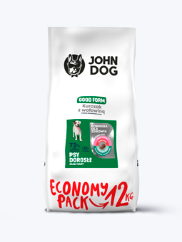 Opakowanie karmy suchej dla psów dorosłych ras małych, kurczak z wołowiną 12 kg John Dog Good Form.