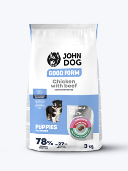 Przód opakowania karmy suchej dla szczeniąt, kurczak z wołowiną 3 kg John Dog Good Form.
