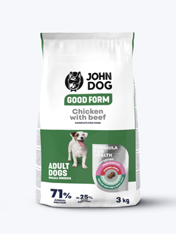 Przód opakowania karmy suchej dla psów dorosłych ras małych, kurczak z wołowiną 3 kg John Dog Good Form.
