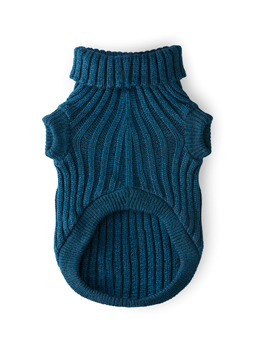 Morski sweterek dla psa marki John Dog, widziany od tyłu, z prążkowanym wzorem, kołnierzem i wycięciami na przednie łapy.