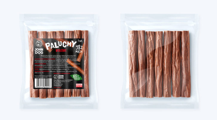 Produkt mięsne paluchy dla psa wołowe 98% mięsa 7 sztuk widok na przód i tył opakowania