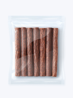 Produkt naturalna przekąska dla psa paluchy z kozy 98% mięsa zapakowane w przejrzyste opakowanie 7 sztuk