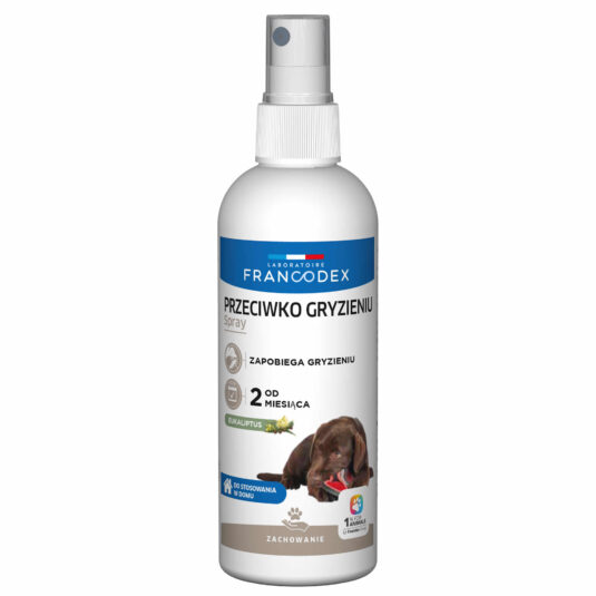 Produkt spray przeciw gryzieniu odstraszający psy marka Francodex butelka 200 ml na etykiecie widać brązowego leżącego psa.