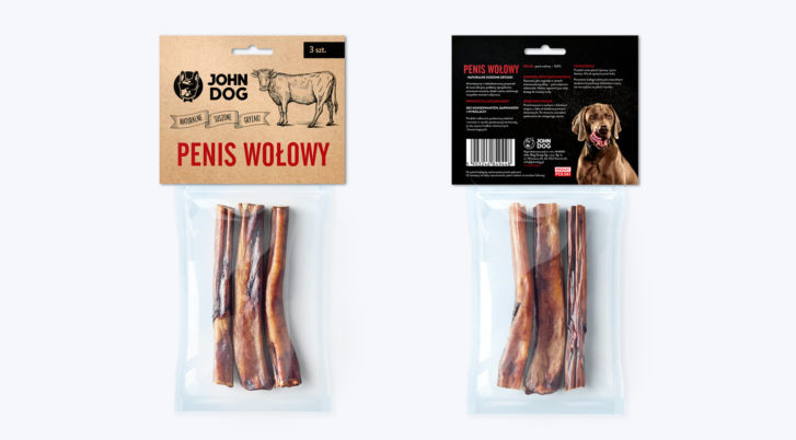 Produkt penis wołowy dla psa w 100% naturalny suszony gryzak bez barwników i sztucznych konserwantów produkt polski marka John Dog widok na tył i przód opakowania
