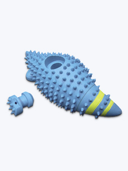 Niebiesko-zielony gumowy gryzak dla psa z kolcami z funkcją nalania wody i schłodzenia.