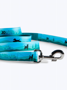 Zbliżenie na niebieską smycz z kolekcji City, ze wzorem miasta i małych psów.