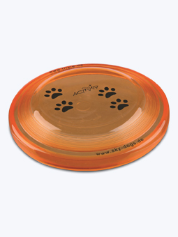 Pomarańczowe frisbee z gumy do gryzienia do zabawy z psem.