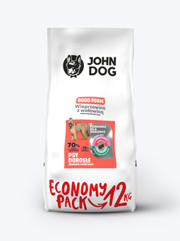 Duże opakowanie Economy Pack 12 kg karmy John Dog Good Form wieprzowina z wołowiną dla psów średnich i dużych ras.