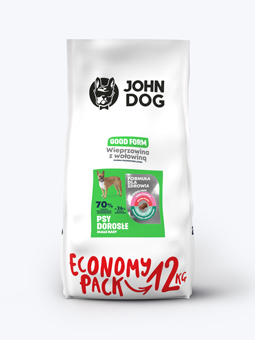 Duże opakowanie Economy Pack 12 kg karmy John Dog Good Form wieprzowina z wołowiną dla psów małych ras.