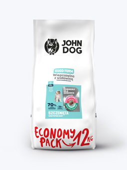 Duże opakowanie Economy Pack 12 kg karmy John Dog Good Form wieprzowina z wołowiną dla szczeniąt.