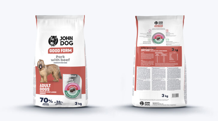 Przód i tył opakowania karmy John Dog Good Form wieprzowina z wołowiną dla psów dorosłych średnich i dużych ras 3kg