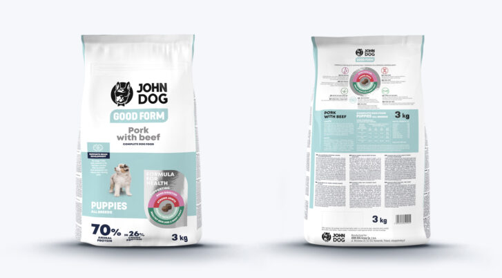 Przód i tył opakowania karmy John Dog Good Form wieprzowina z wołowiną dla szczeniąt 3kg