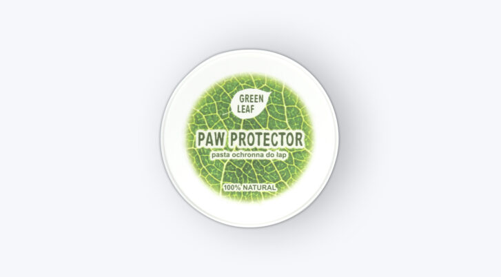 Okrągłe, białe pakowanie w 100% naturalnej pasty ochronnej do łap psa i kota Green Leaf.