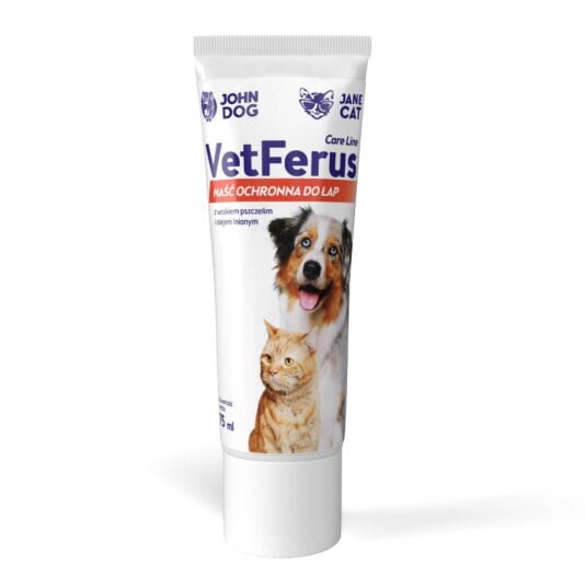 Maść ochronna do łap VetFerus John Dog dla psów i kotów w białej tubce 75 ml, z grafiką psa i kota na etykiecie.