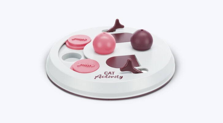 Biało-różowa zabawka interaktywna Cat Activity dla kota ze skrytkami na kocie przysmaki.