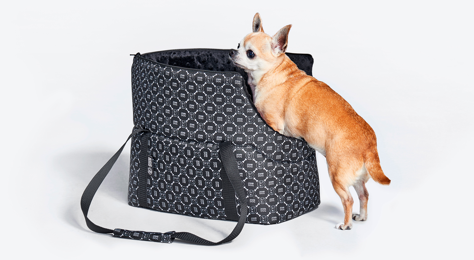 Rudy pies rasy chihuahua opiera się o szarą dużą torbę.