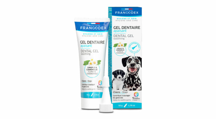 Opakowanie i tubka żelu dentystycznego łagodzącego bolesność dziąseł dla ząbkujących szczeniąt marki Francodex 50g.