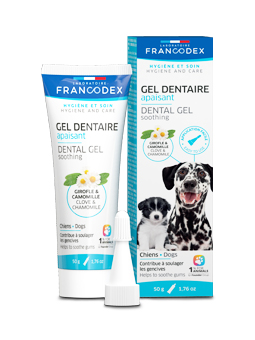 Opakowanie i tubka żelu dentystycznego łagodzącego bolesność dziąseł dla ząbkujących szczeniąt marki Francodex 50g.
