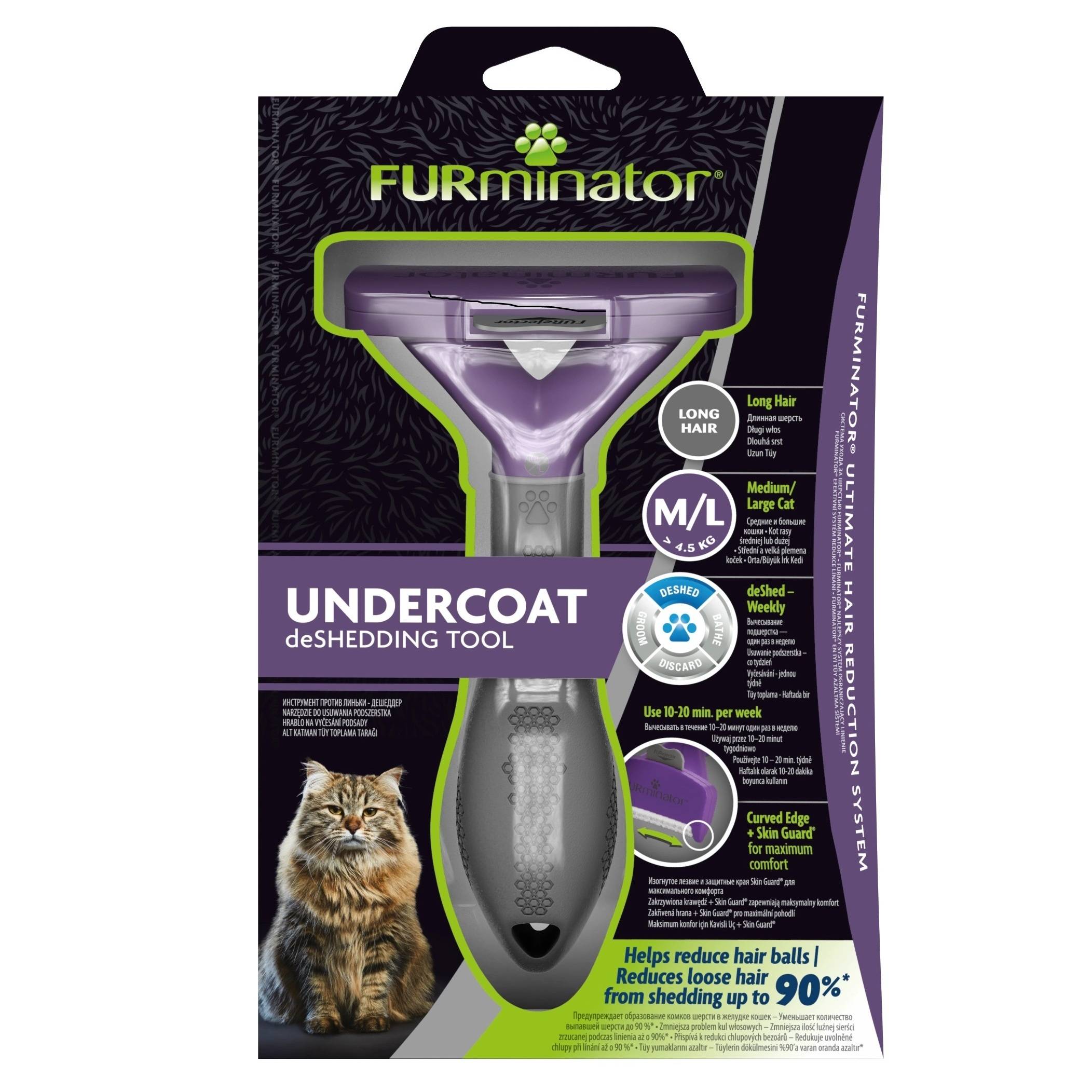 Czarne opakowanie z Furminatorem w kolorze fioletowym do sierści dla kotów z długą sierścią.