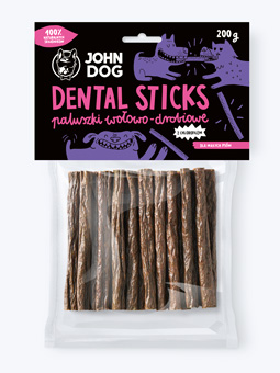 Przód opakowania paluszków drobiowo-wołowych Dental stix z chlorofilem marki John Dog 200g.