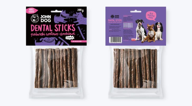 Przód i tył opakowania paluszków drobiowo-wołowych Dental stix z chlorofilem marki John Dog 200g.