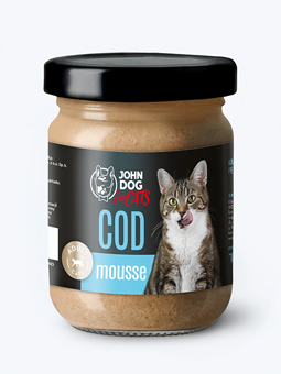 Zbliżenie na słoik karmy mokrej dla kota, mus z dorszem.