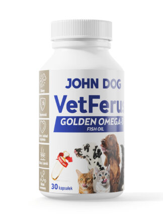 Zamknięta buteleczka z kapsułkami VetFerus Golden Omega-3 z rybim olejem w kolorze białym z niebieskimi napisami i zdjęciami psów i kotów, obrócona w prawo.
