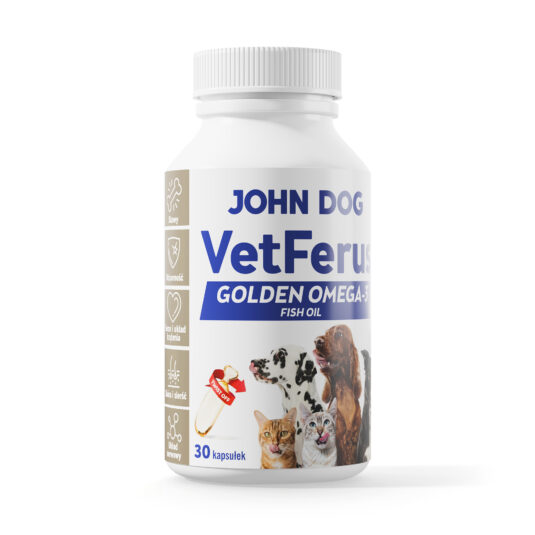 Zamknięta buteleczka z kapsułkami VetFerus Golden Omega-3 z rybim olejem w kolorze białym z niebieskimi napisami i zdjęciami psów i kotów, obrócona w prawo.