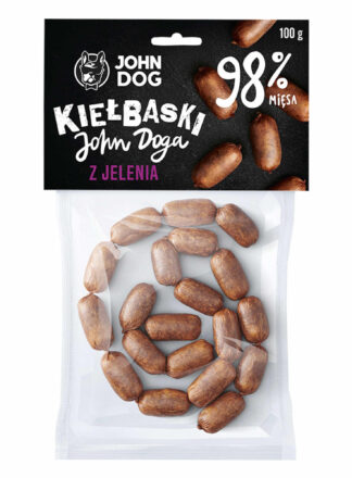 Suszony przysmak dla psa. Kiełbaski z jelenia. Opakowanie 100g.