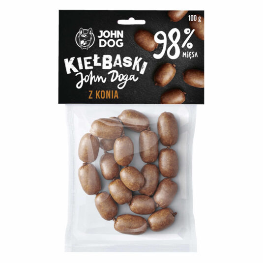 Suszony przysmak dla psa. Kiełbaski z konia. Opakowanie 100g.