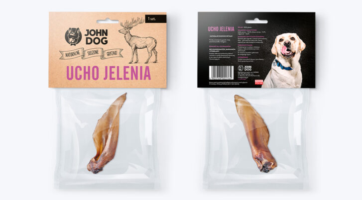 Przód i tył opakowania suszonych gryzaków naturalnych dla psa, ucho jelenia.