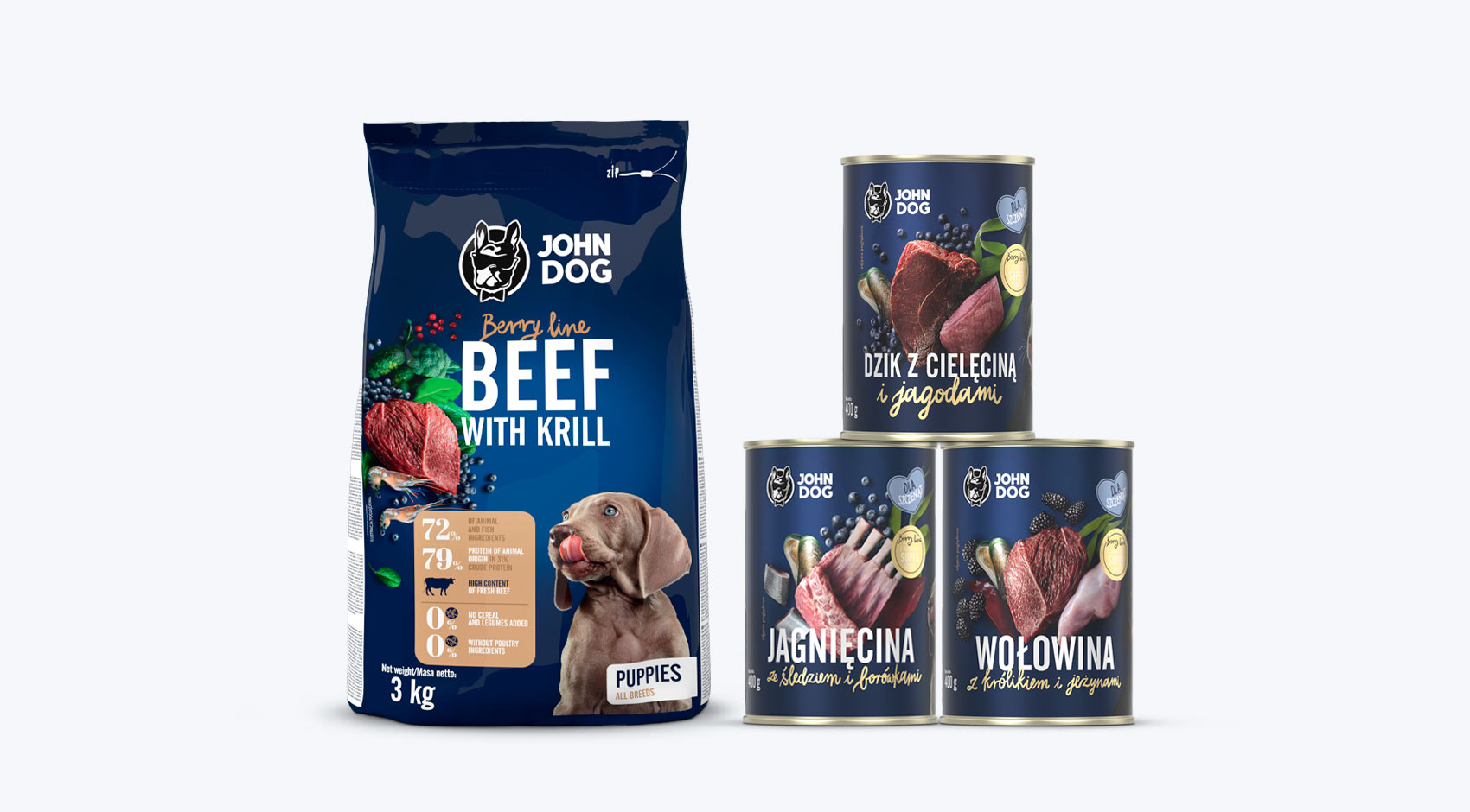 Zestaw dla karma sucha wołowina z krylem dla małych i średnich ras worek 3kg i karma mokra wołowina z borówkami, cielęcina z żurawiną i jagnięcina z malinami trzy puszki 400g John Dog Berry Line