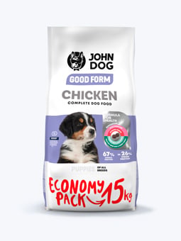 Karma sucha z kurczakiem dla szczeniąt, 15kg, marka John Dog.