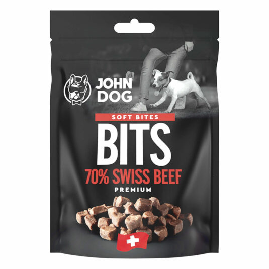 Opakowanie przysmaków John Dog bits swiss beef. Gramatura 2x60 g.