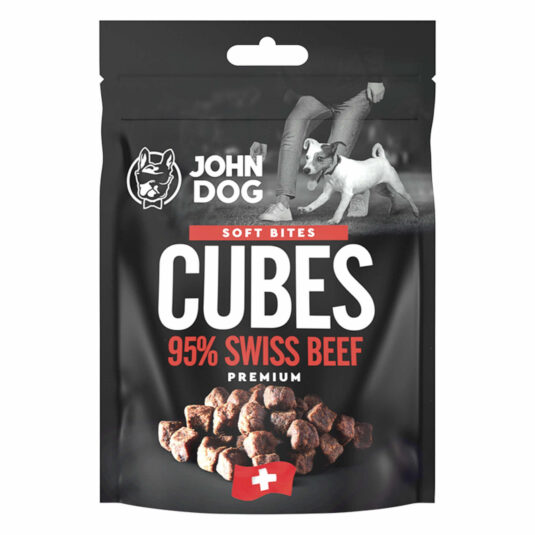 Opakowanie przysmaków John Dog cubes swiss beef. Gramatura 2x60 g.