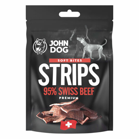 Opakowanie przysmaków John Dog strips swiss beef. Gramatura 2x60 g.