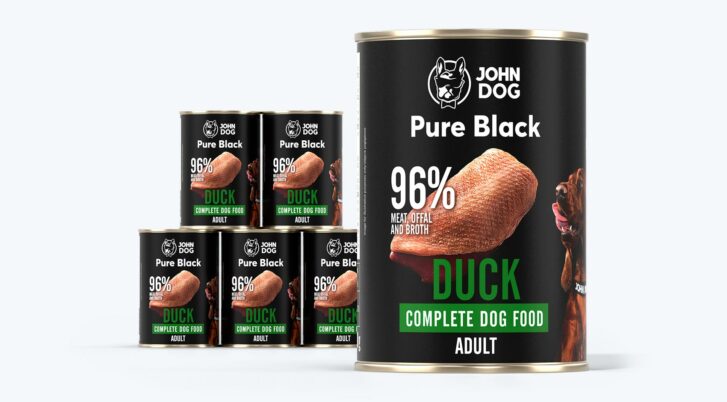 Karma mokra dla psa John Dog Pure Black kaczka, zestaw puszek 6x400g