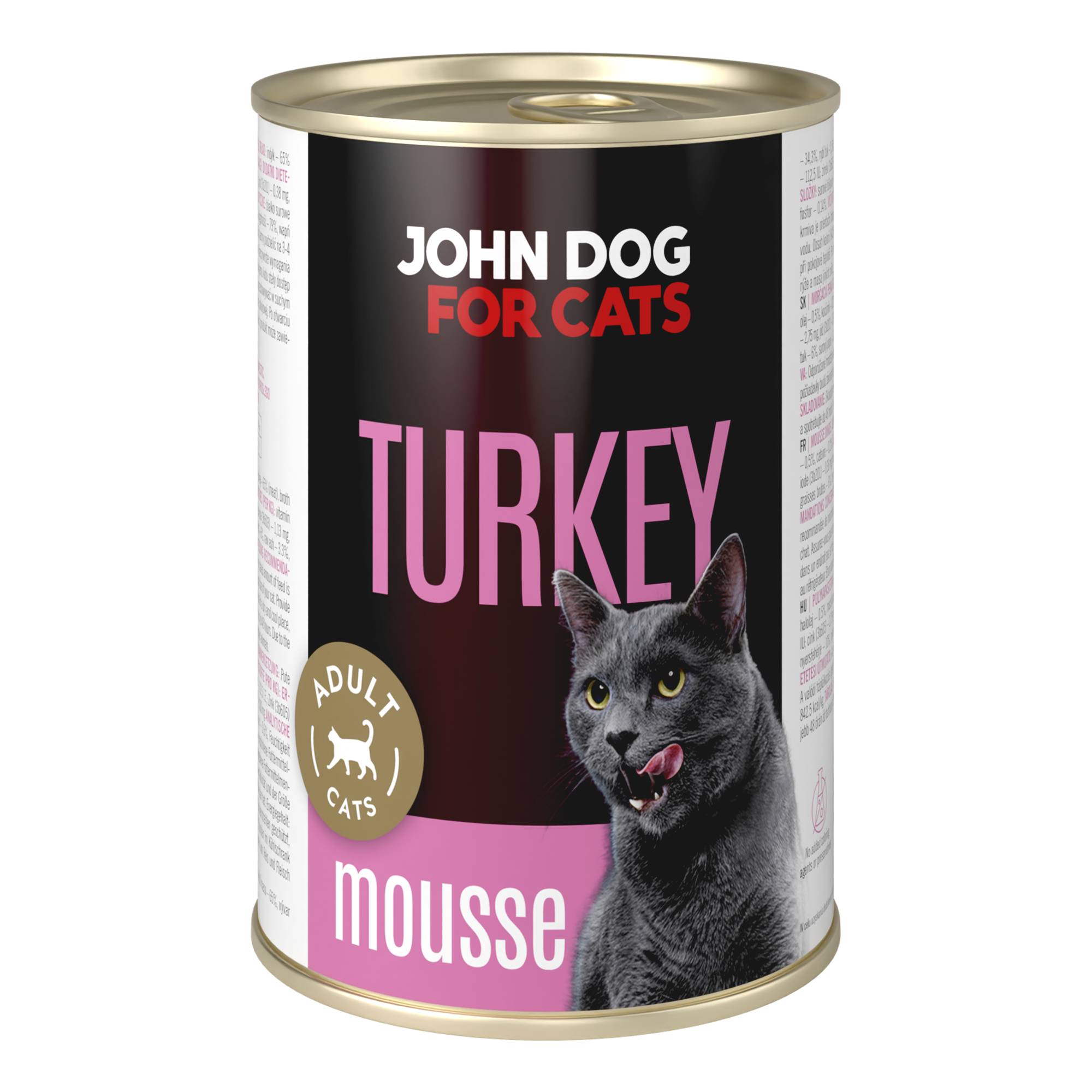 Karma mokra dla kota z indykiem w ciemnej puszce 400 g John Dog for Cats. Na etykiecie jest czarny kot, złote kółeczko oraz białe i różowe napisy.