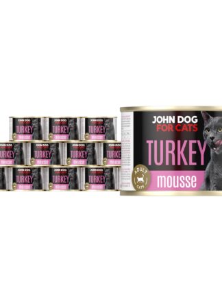Karma mokra dla kota z indykiem w dwunastu ciemnych puszkach 200 g John Dog for Cats. Na etykietach jest czarny kot, złote kółeczko oraz białe i różowe napisy.