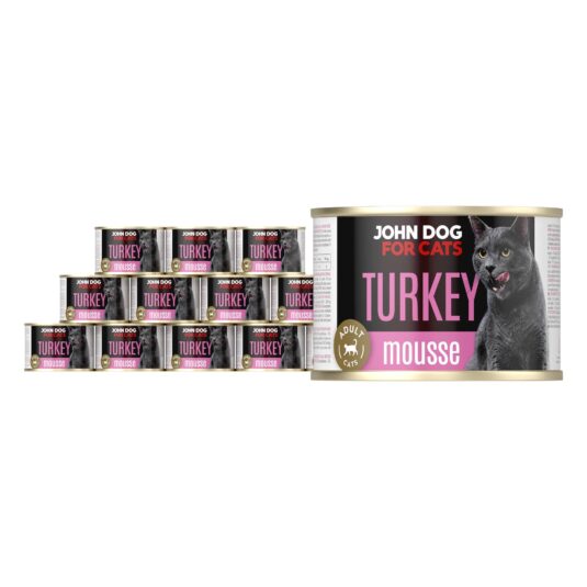 Karma mokra dla kota z indykiem w dwunastu ciemnych puszkach 200 g John Dog for Cats. Na etykietach jest czarny kot, złote kółeczko oraz białe i różowe napisy.