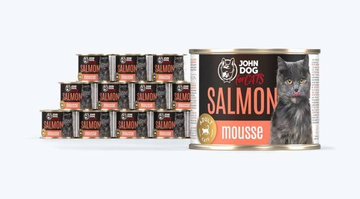 Karma mokra dla kota mus łosoś marki John Dog for cats, zestaw puszek 12x200g