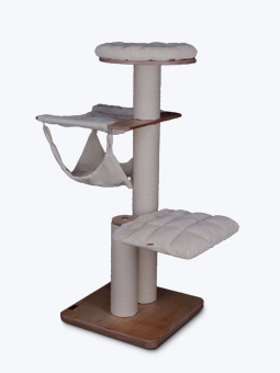 Duży drapak dla kota z 3 półkami i hamakiem w kolorze beżowym, marka RUFI