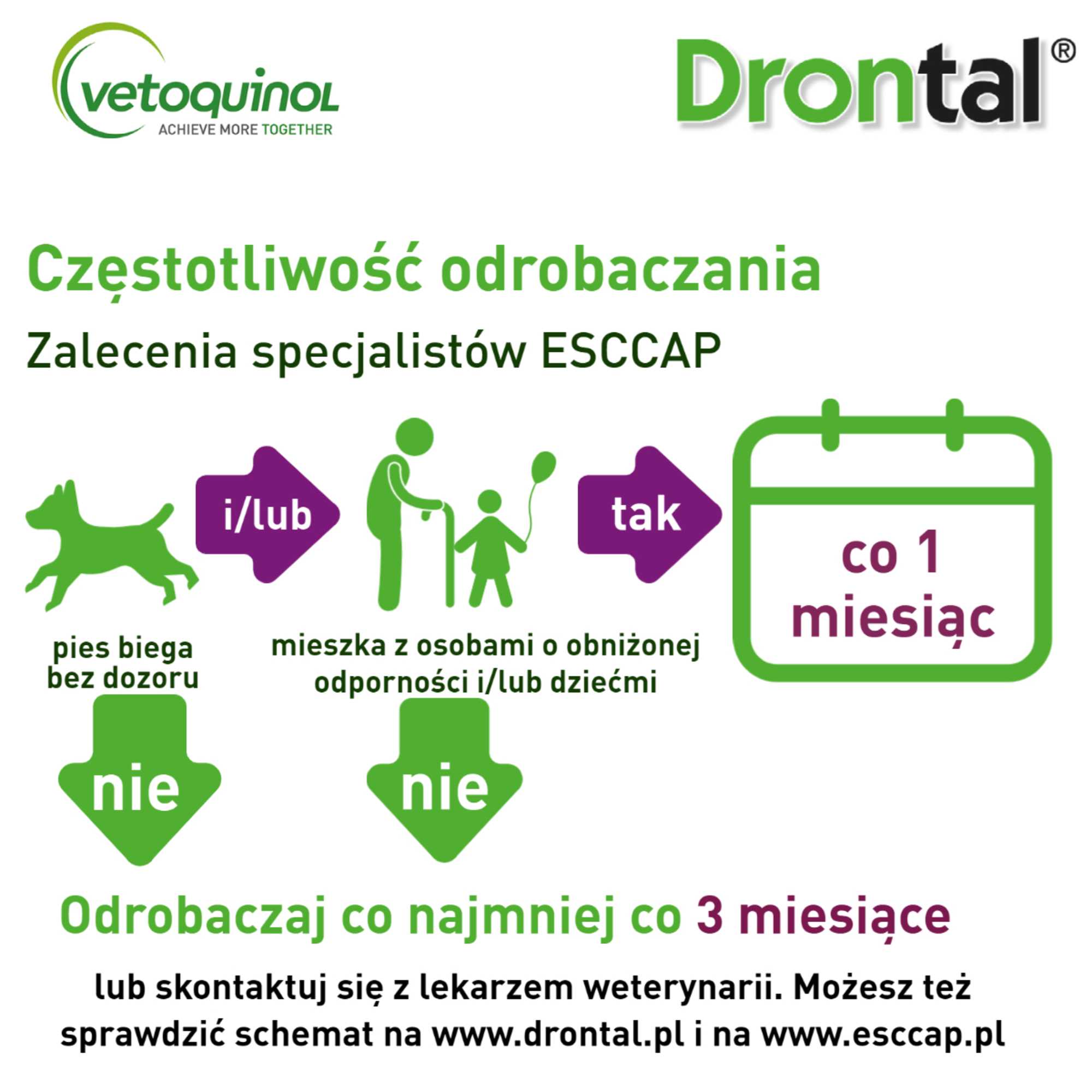 Tabletki przeciwpasożytnicze dla psów małych i średnich ras marki Drontal. Na grafice umieszczona informacja o częstotliwości odrobaczania.